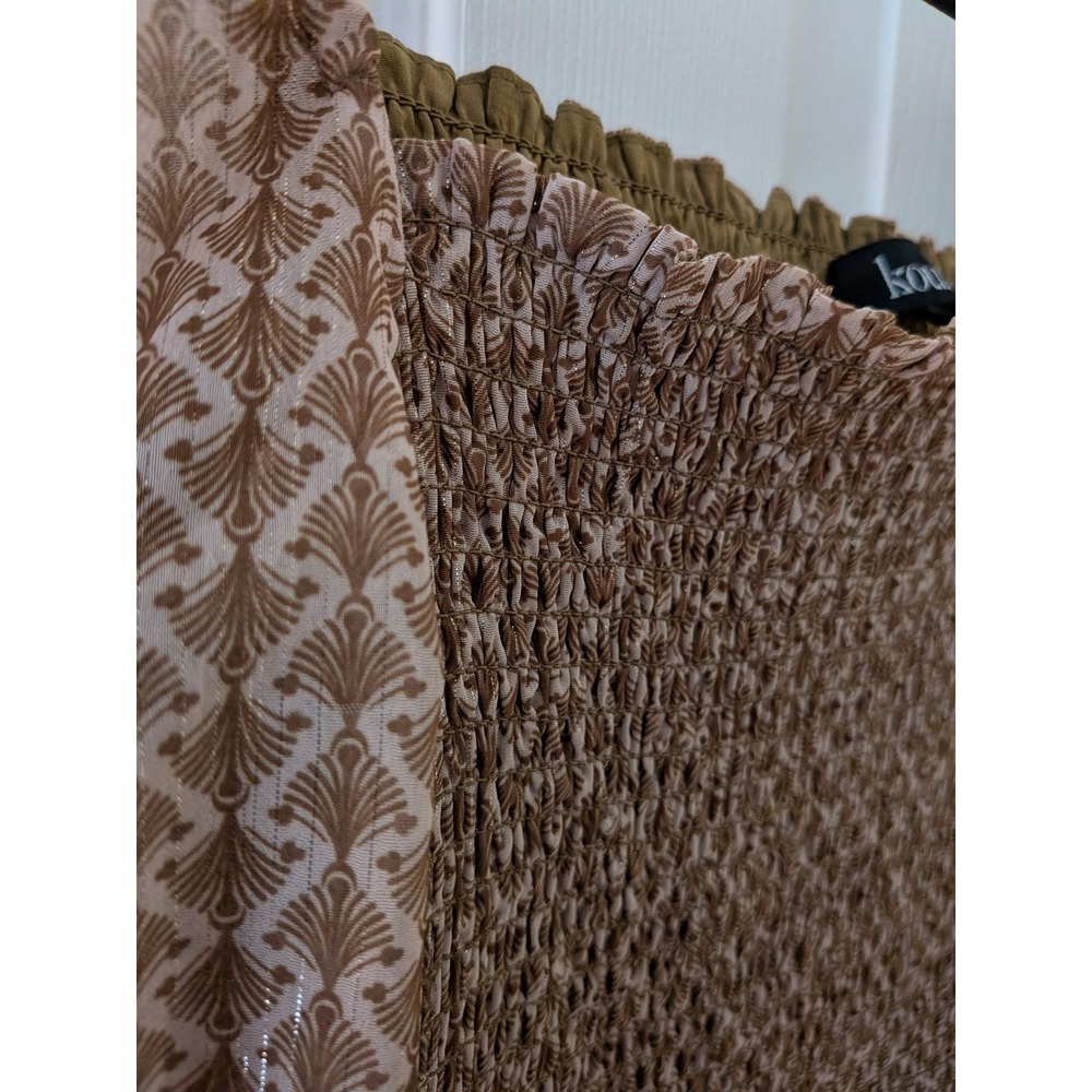 Kourt Tan Calypso Fan Print Smocked Boho Dress Metallic Stripe XL Womens - Picture 9 of 9